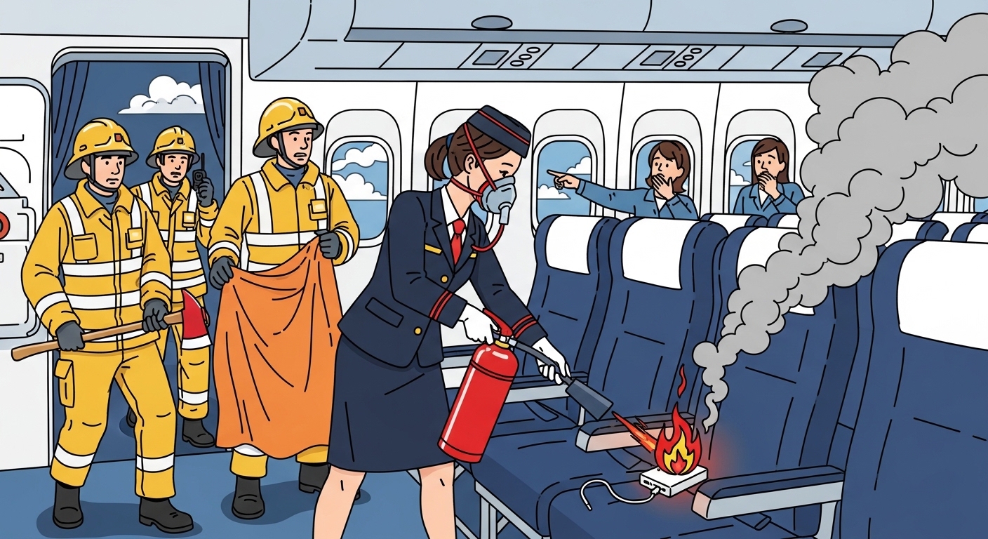 비행기 내에서 발생한 화재 위험 상황과 긴급 대응 팀의 모습