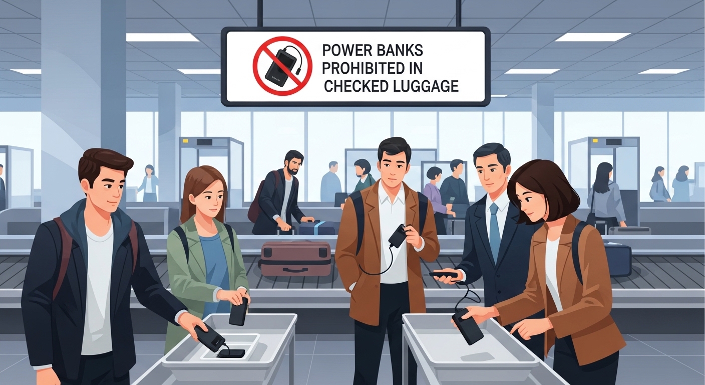 공항 검색대와 위탁 수하물로의 반입을 금지하는 표지판