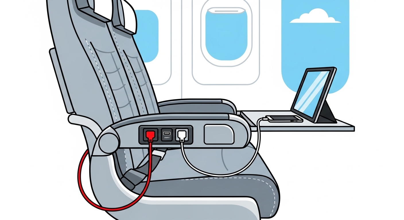 비행 중 전자 기기를 충전하기 위해 좌석에 설치된 USB 및 전원 포트