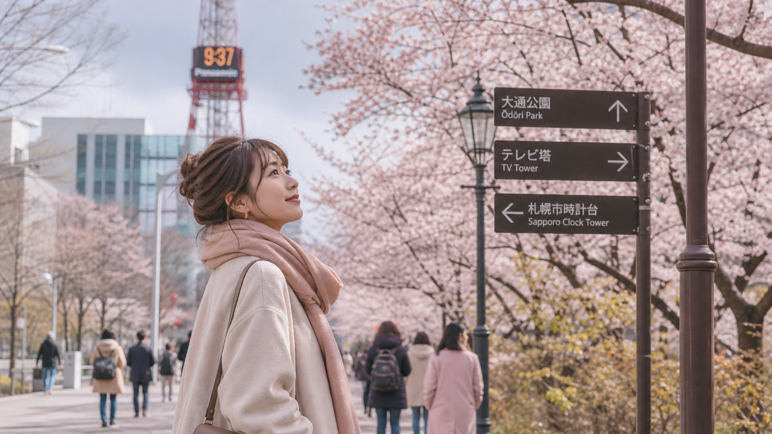 벚꽃이 핀 초봄의 삿포로에서 코트와 스카프를 겹쳐 입은 사람들
