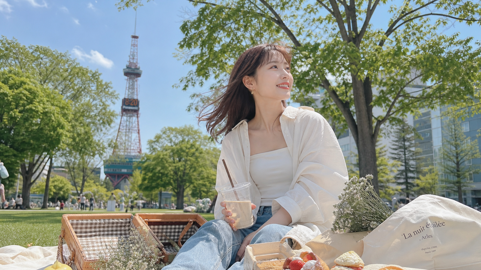 초여름의 편안한 야외 피크닉 장면; 시원한 바람과 함께 가벼운 옷차림