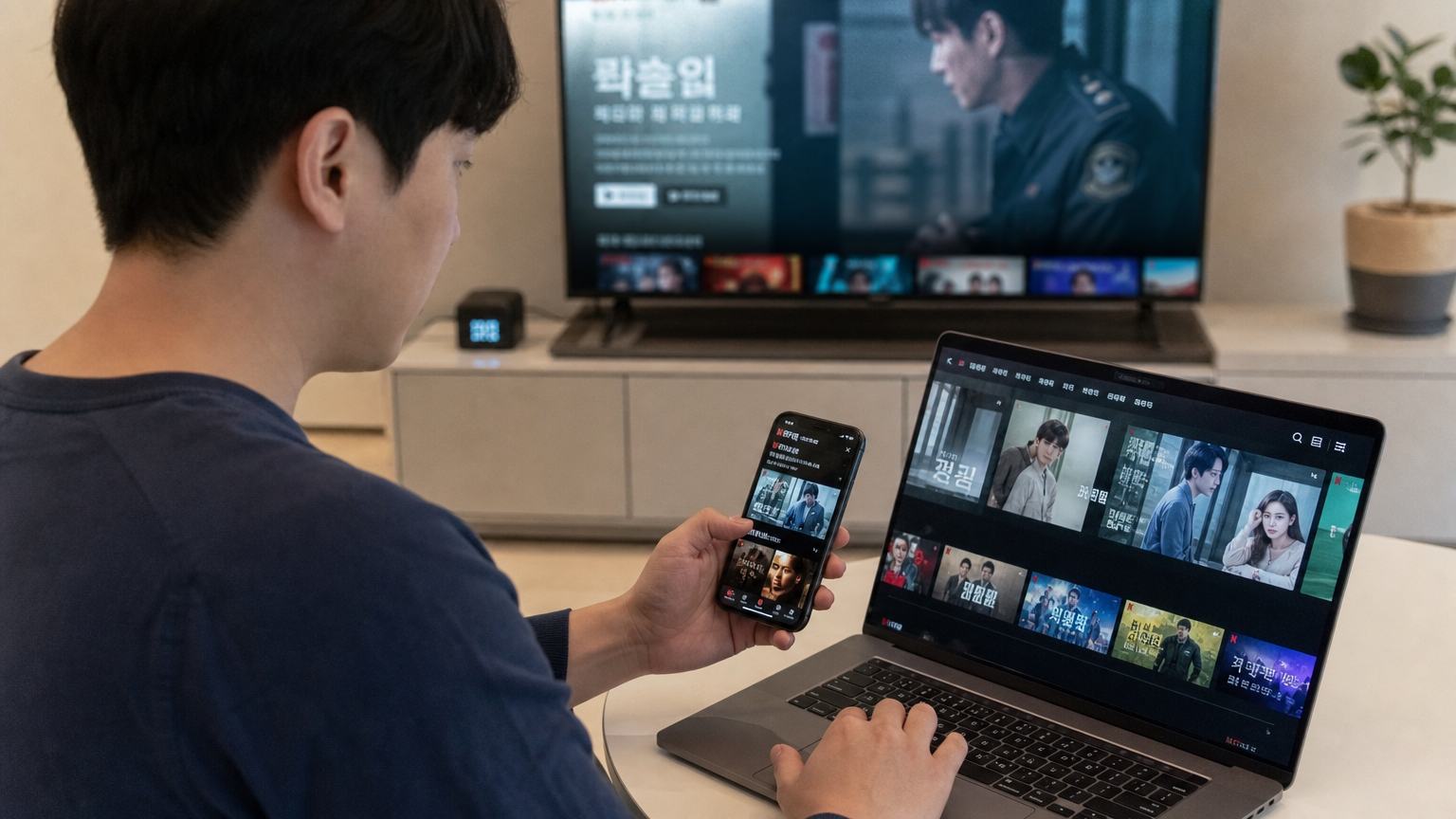집에서 노트북과 스마트폰으로 OTT 플랫폼을 통해 드라마를 스트리밍하는 모습