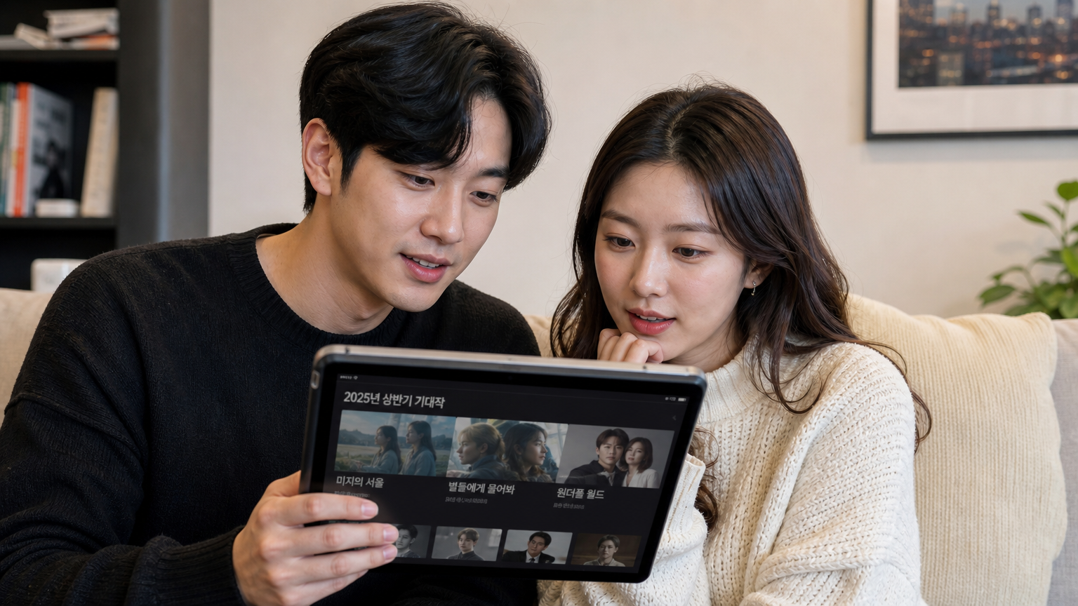 태블릿으로 캐스팅 정보와 티저 영상을 보며 다가오는 드라마에 대해 이야기하는 한국인 커플