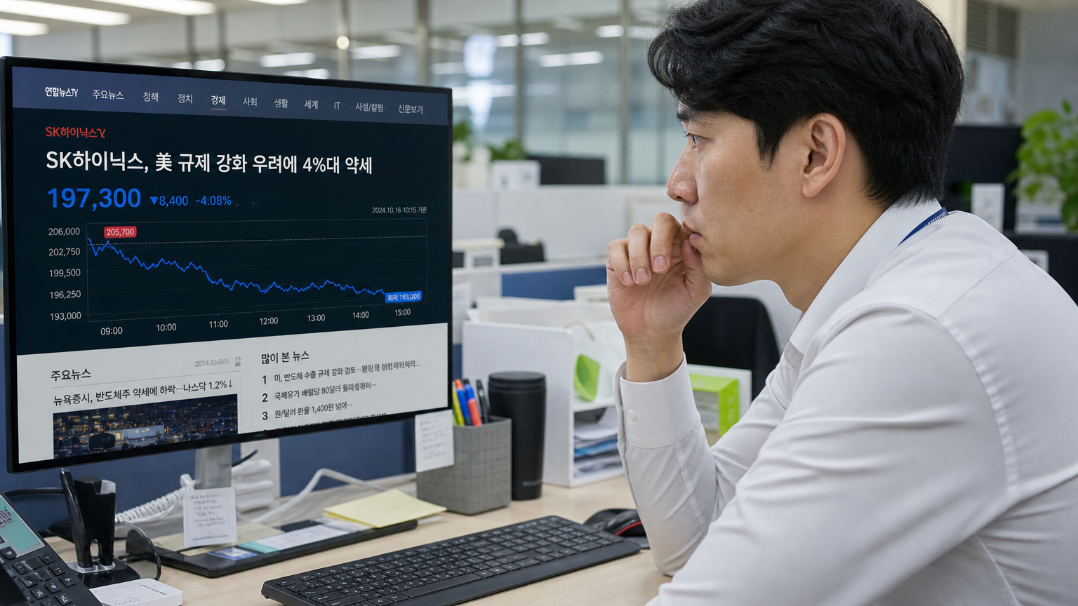 현대적인 사무실에서 SK하이닉스 주가 하락 뉴스를 보고 있는 직장인