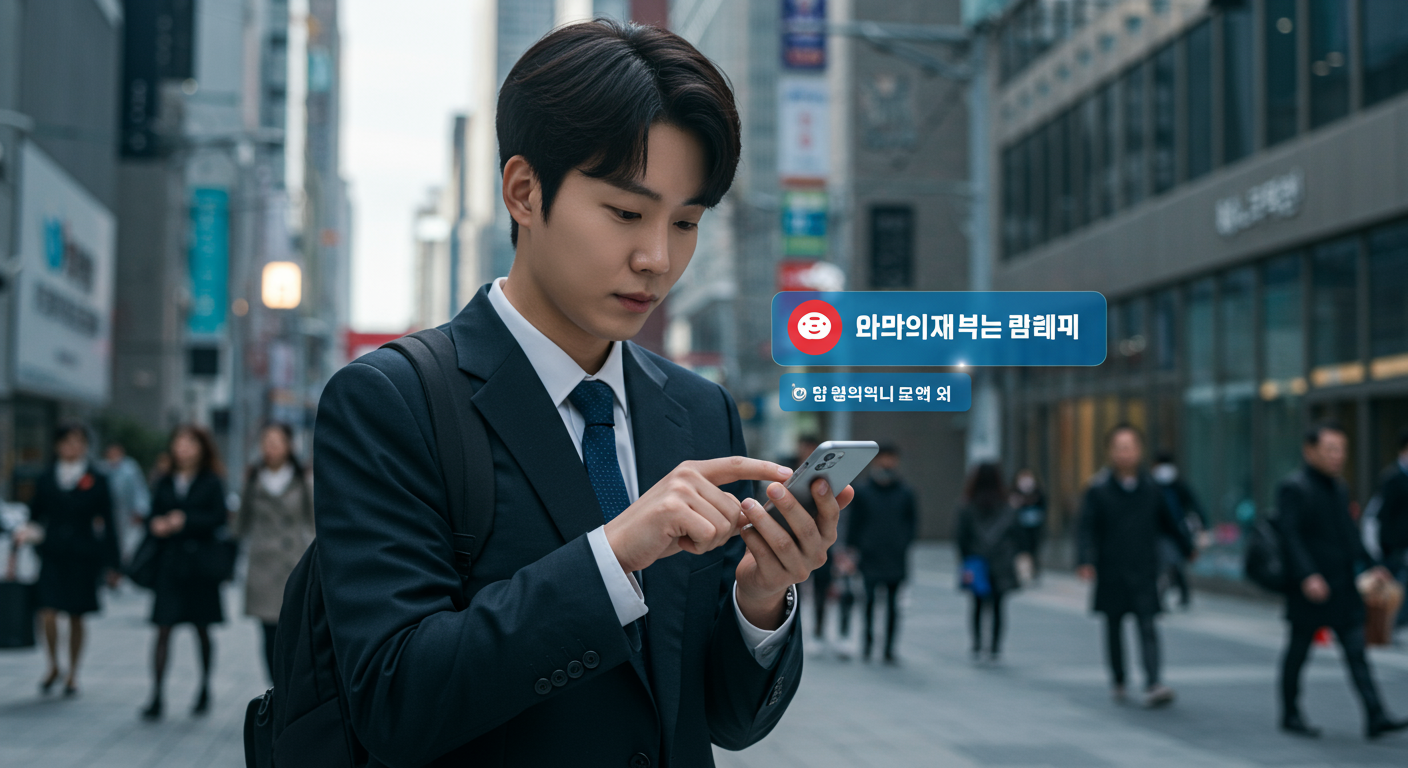 현대적 도시 환경에서 스마트폰으로 정부 지원금 알림을 확인하는 직장인의 모습