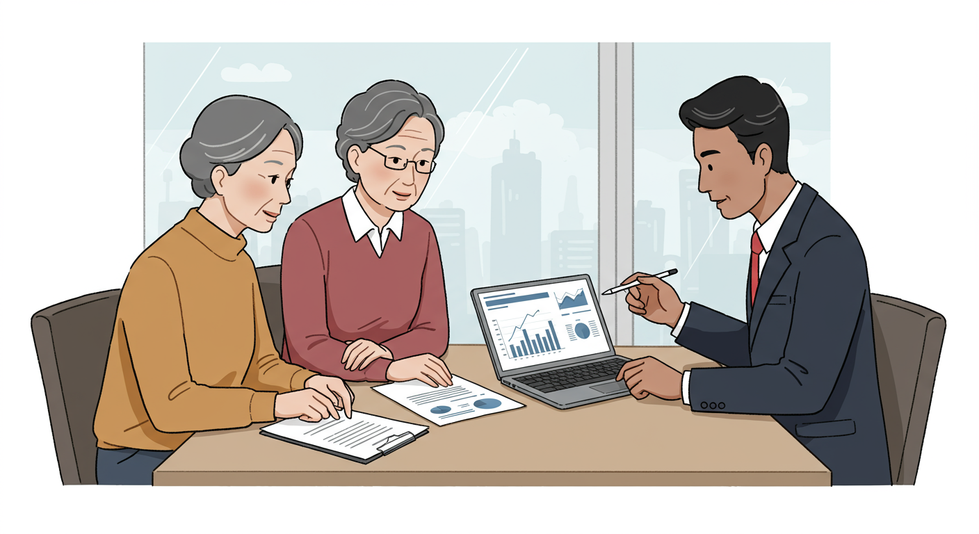 노부부가 금융 전문가와 함께 현대적인 사무실에서 재정 계획을 논의하는 모습