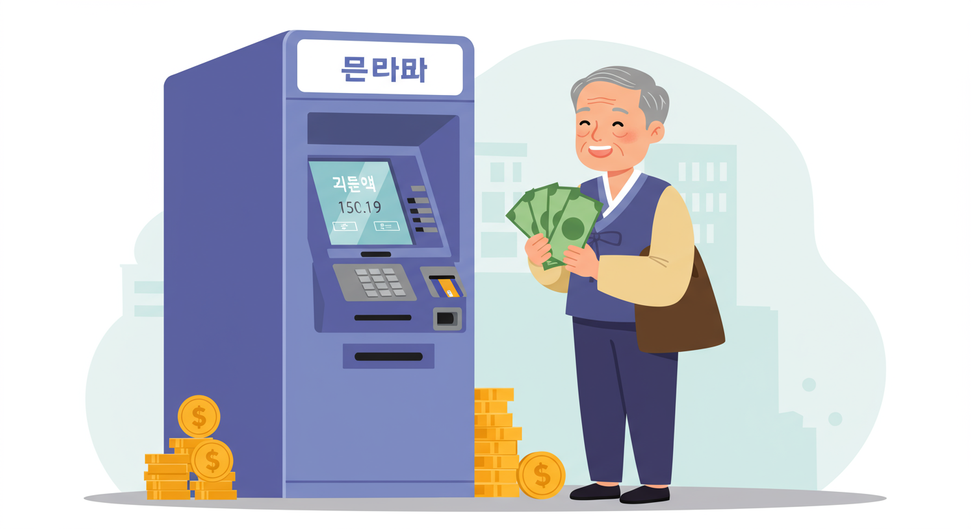 은퇴한 남성이 '연금'이라고 적힌 ATM기기에서 돈을 받으며 경제적 안정을 상징하는 장면