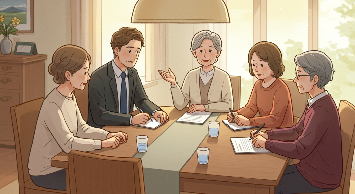 가족들이 식탁에 둘러앉아 선지급 연금의 재정적 영향을 논의하는 모습