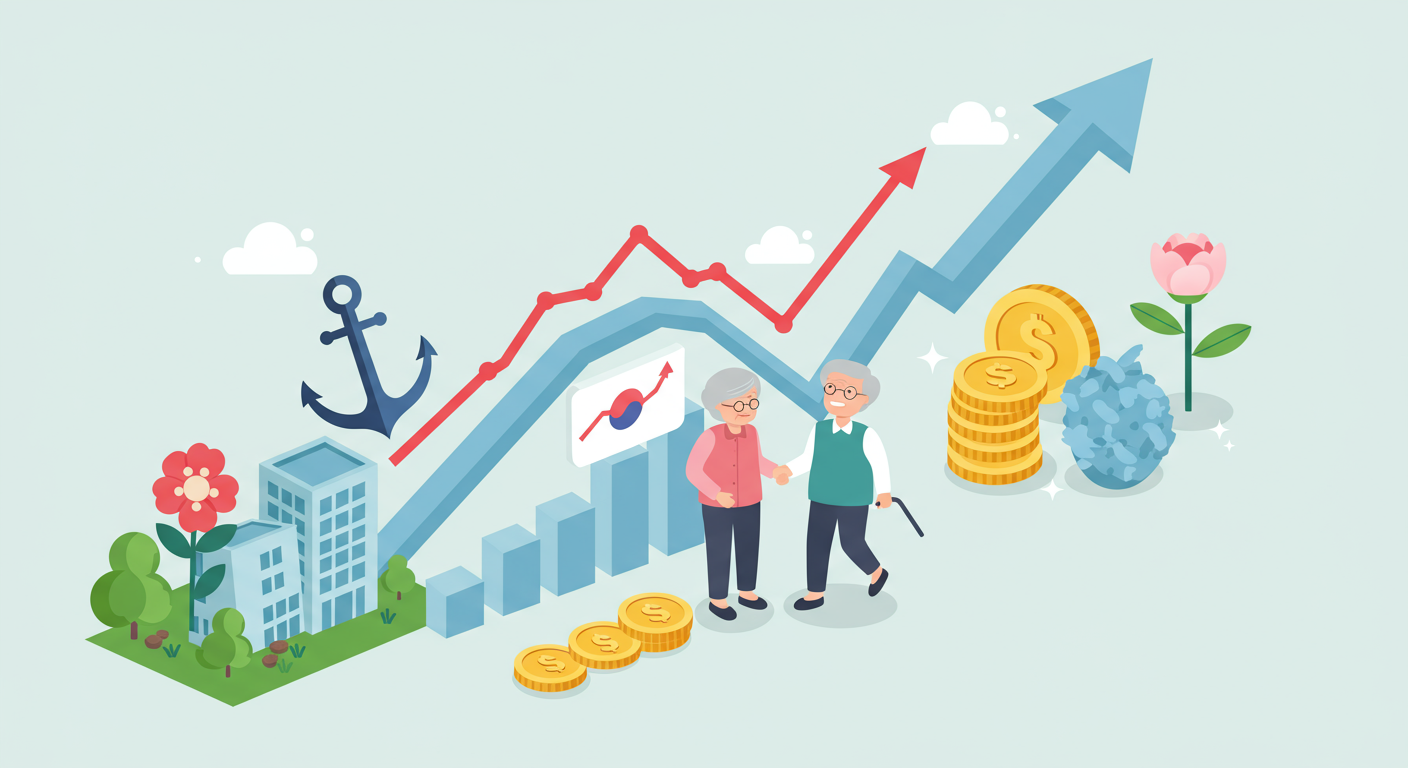 새로운 제도로 인해 노인들의 자산 유동성이 증가하고 안정감 있는 모습을 상징적으로 표현