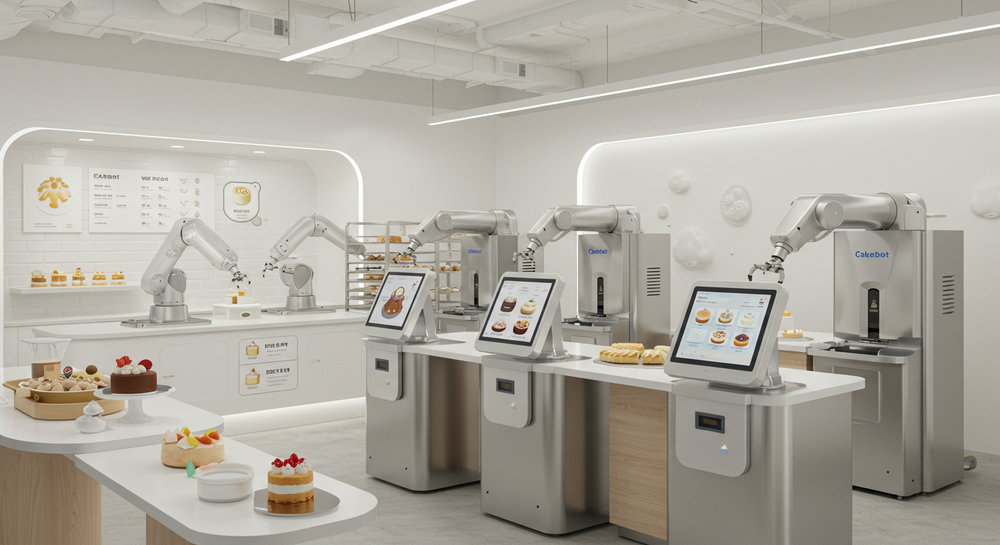 첨단 AI 기술을 활용한 현대적인 한국 제과점에서 케이크봇 기계가 주문 및 제조를 자동화하는 모습