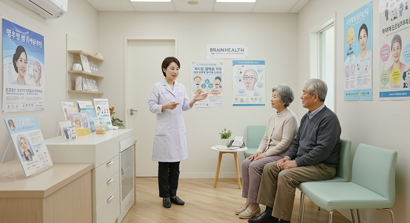 현대적인 한국 보건소에서 친절한 직원이 노부부에게 치매 검사 지원에 대해 설명하는 모습