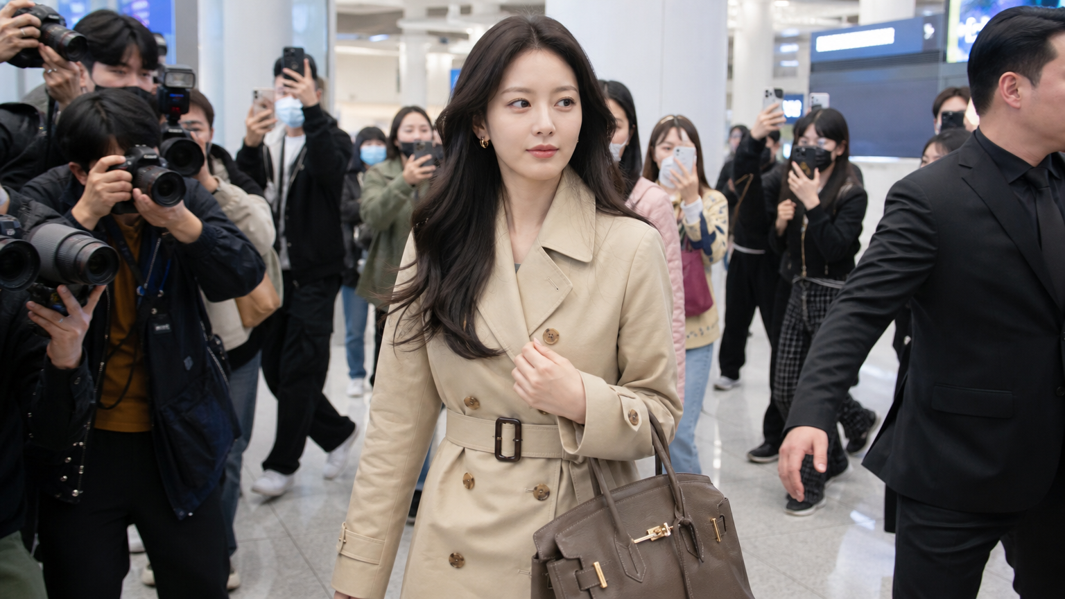 배우가 공항에서 트렌치코트와 명품 가방을 매칭하여 당당하게 걷는 모습