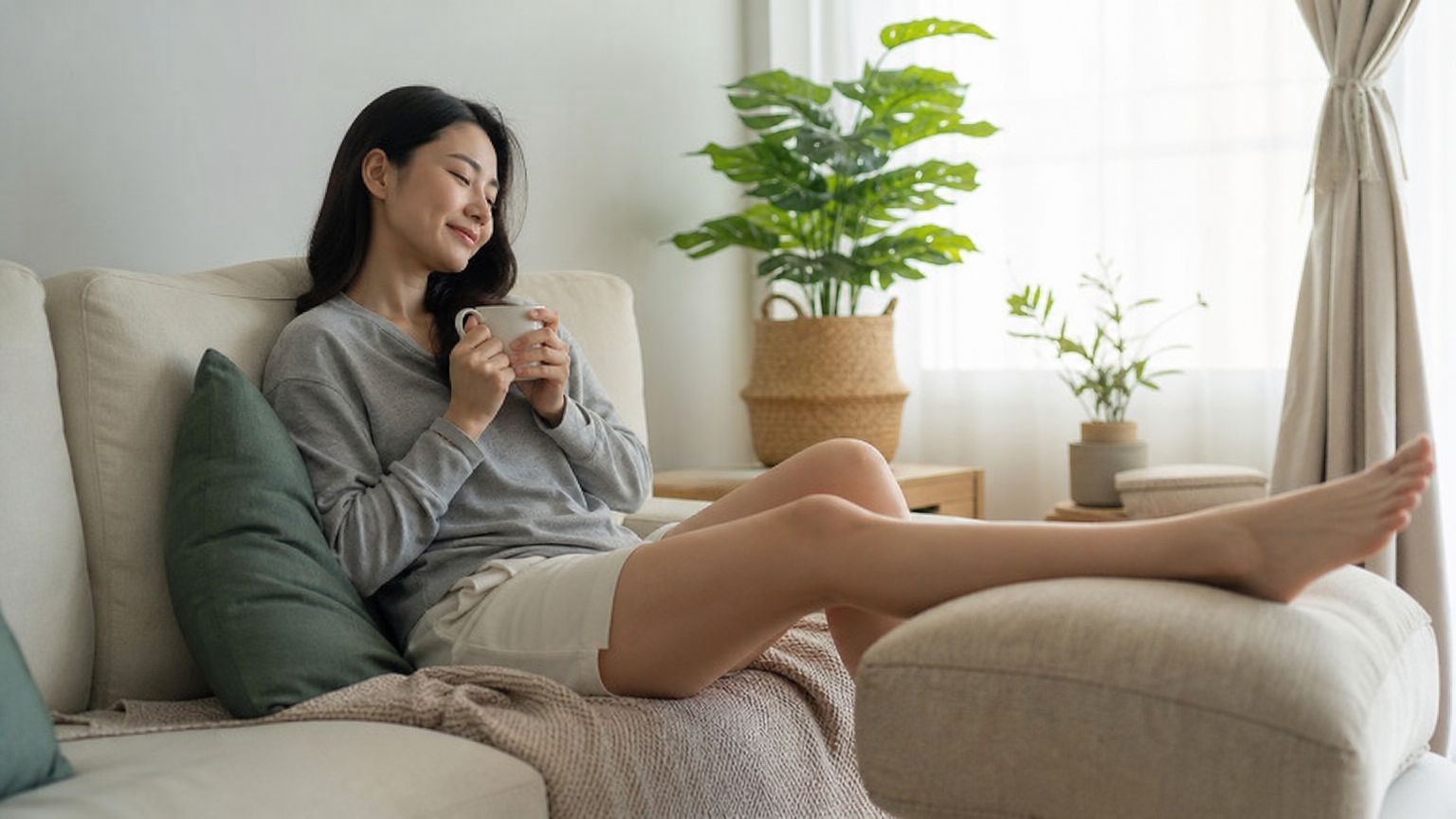 현대 여성이 집에서 쿠션 위에 발을 올리고 휴식을 취하며 편안함을 느끼는 모습
