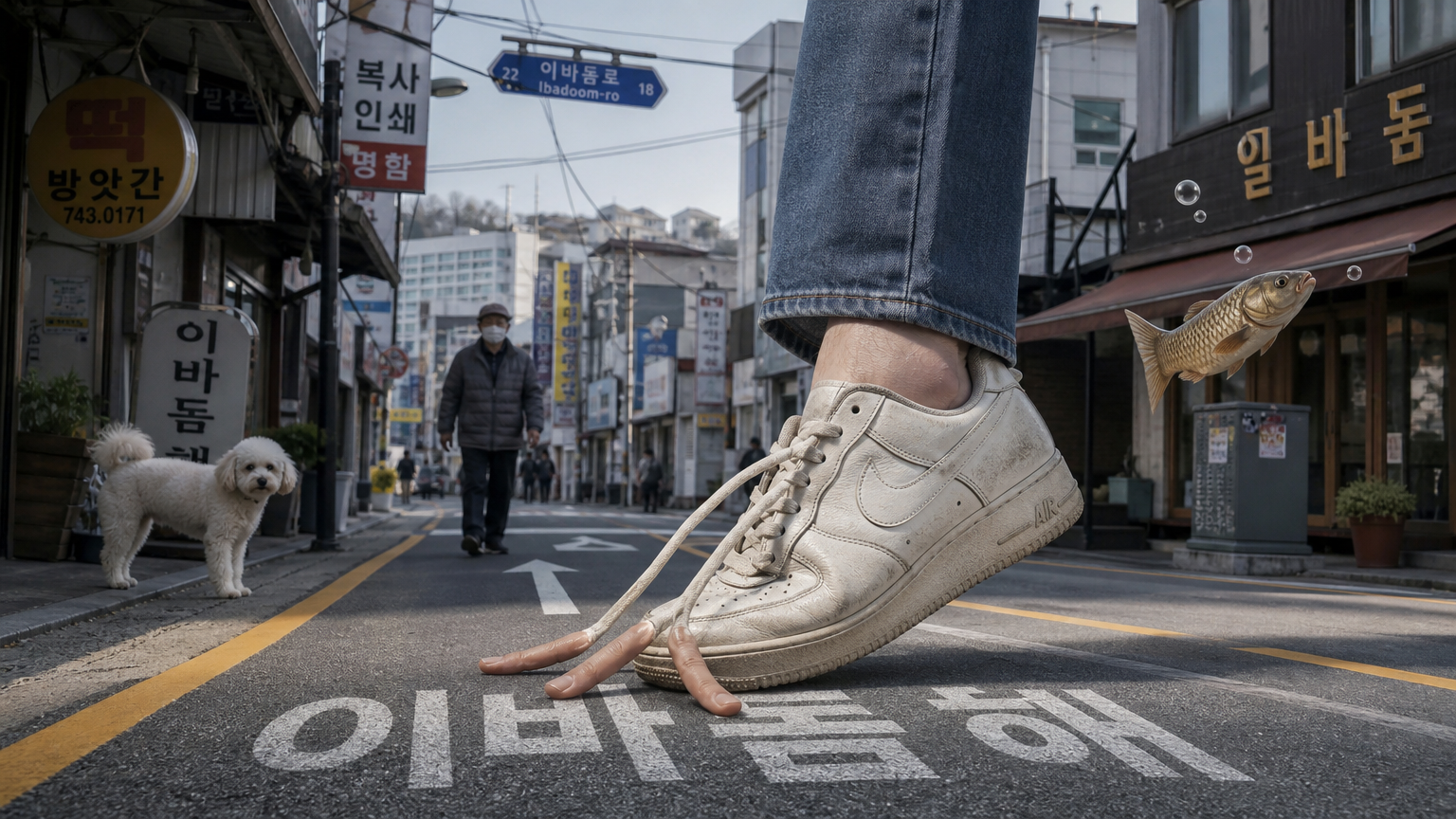 한국의 골목길에서 신발끈이 손가락으로 변신하는 등 기이한 요소들이 더해진 장면