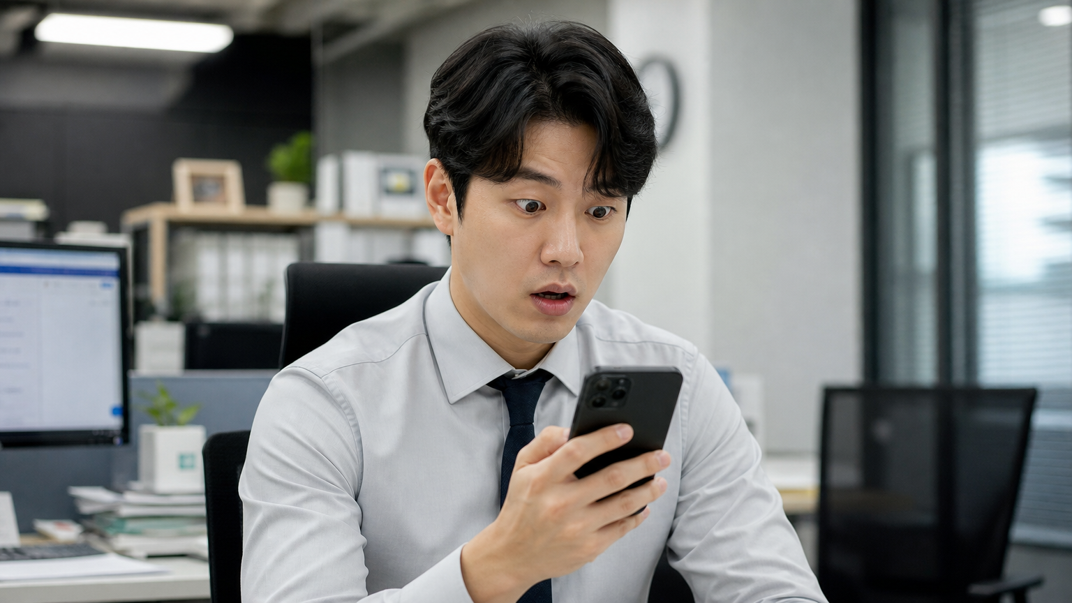 현대적인 사무실에서 스마트폰으로 은행 명세서를 보며 놀란 표정의 직장인