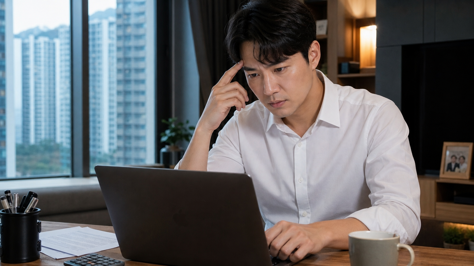 도시 아파트에서 노트북을 이용해 실수령액을 계산하며 집중하고 걱정스러운 표정의 직장인