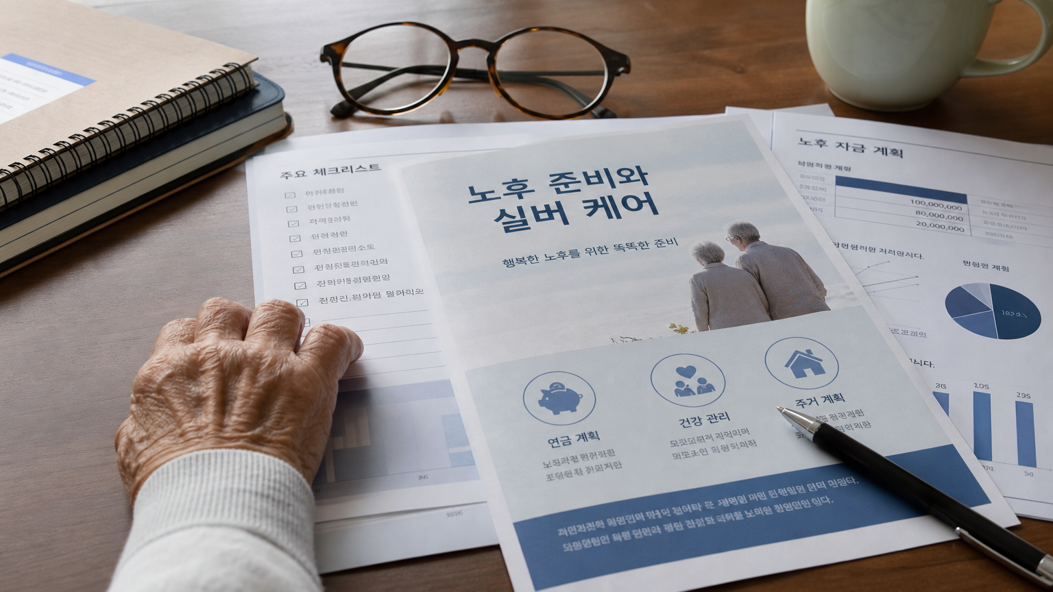 책상 위 연금 관련 서류와 안경 옆에 놓인 노인의 손