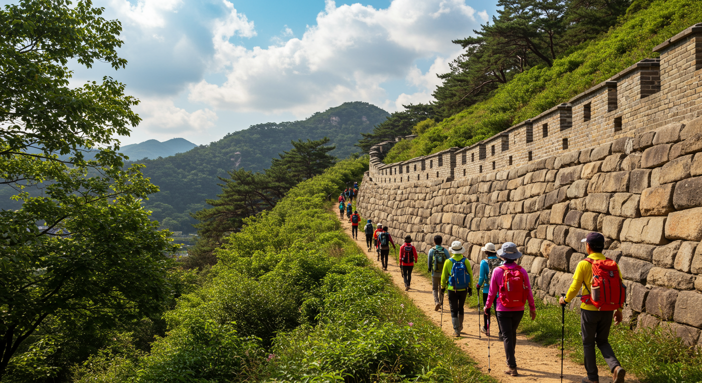 푸른 하늘 아래 녹음이 우거진 남한산성 둘레길을 걷는 등산객들