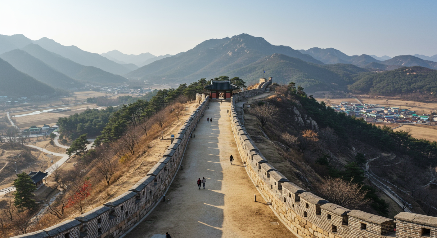 고대 석조 구조물과 아름다운 경관을 배경으로 한 남한산성 전경