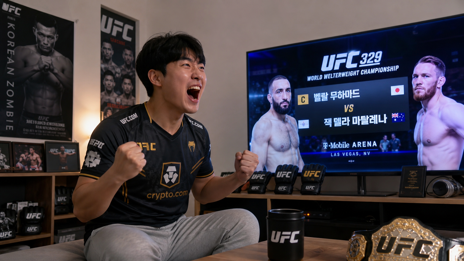현대적인 거실에서 UFC 경기를 시청하며 흥분한 격투기 팬의 모습