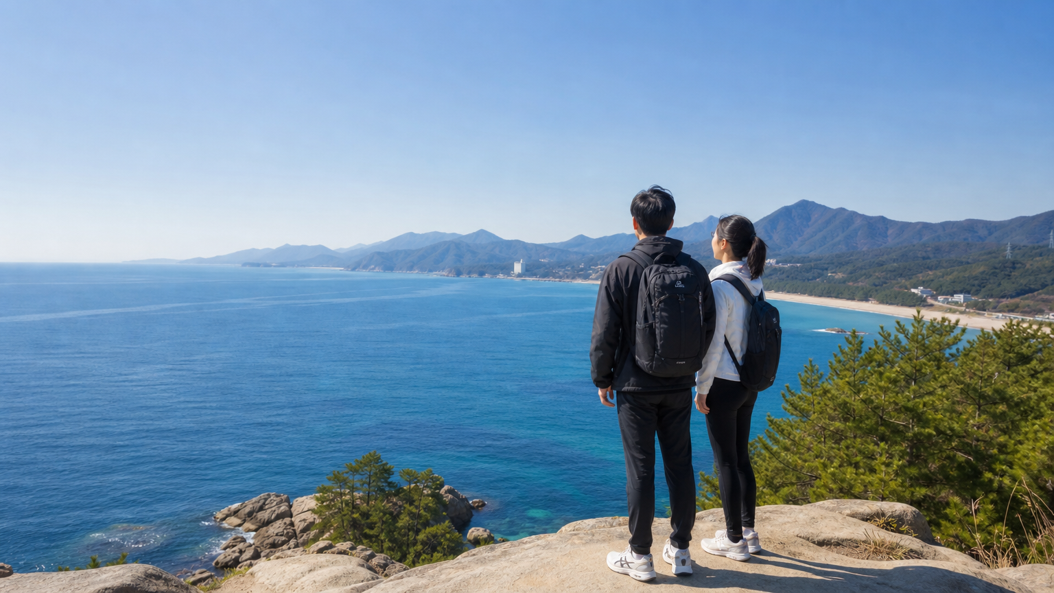 푸른 동해와 산을 배경으로 강원도 양양을 탐험하는 젊은 커플