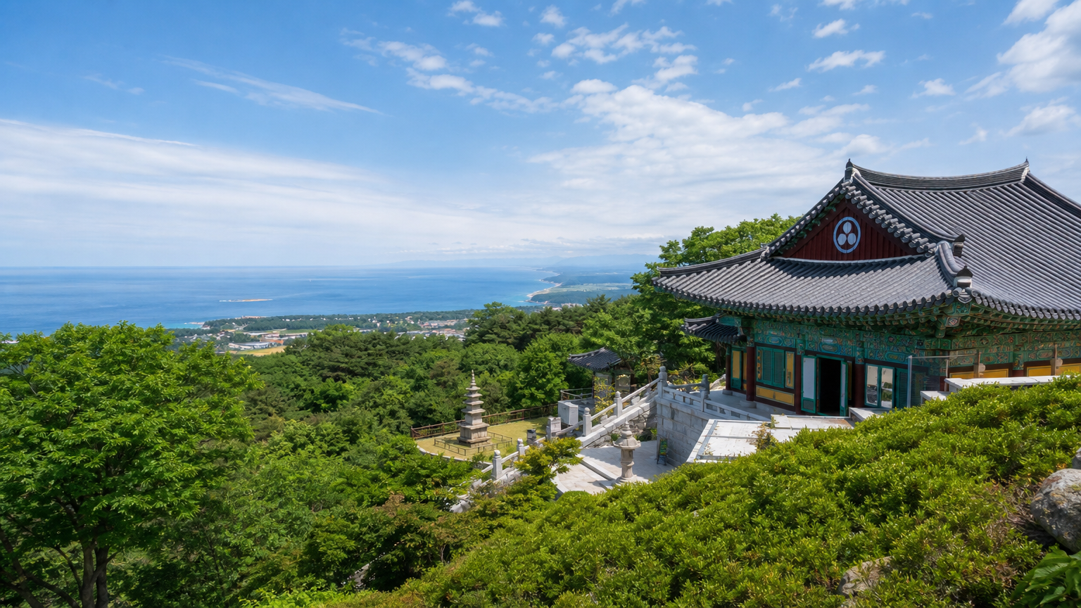울창한 녹지와 먼 바다가 보이는 낙산사의 전경