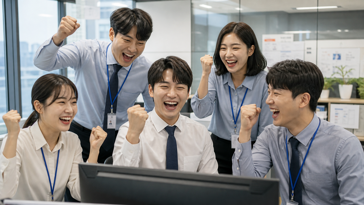 사무실에서 연봉 인상을 기뻐하며 축하하는 한국 직장인들