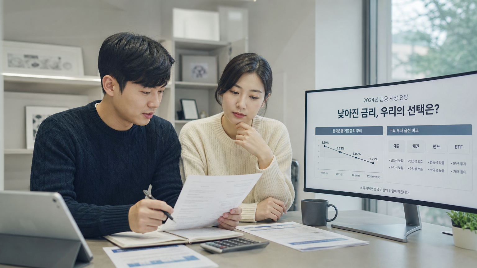 현대적인 홈 오피스에서 금융 서류를 검토하는 커플의 모습