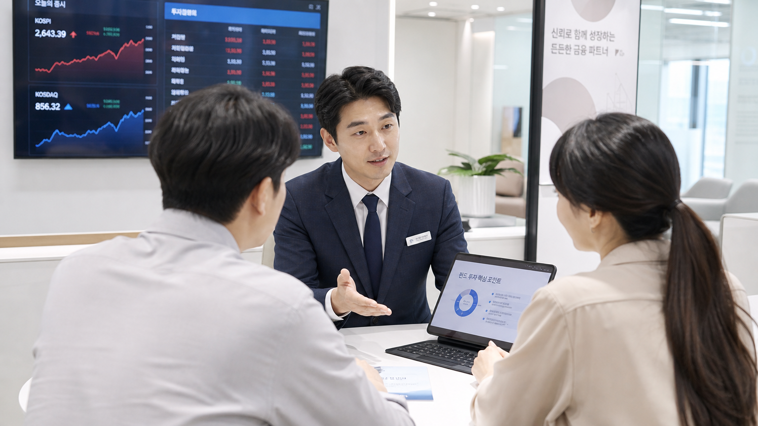 밝은 사무실에서 고객에게 펀드 장점을 설명하는 재무 상담사