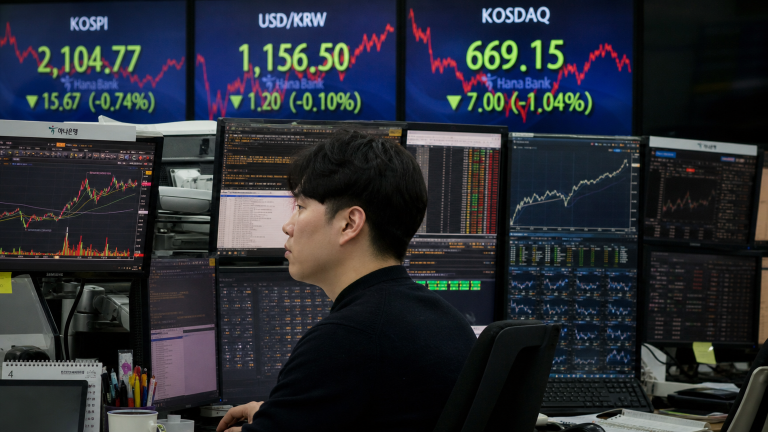 첨단 거래실에서 변동하는 그래프를 분석하는 증권시장 애널리스트
