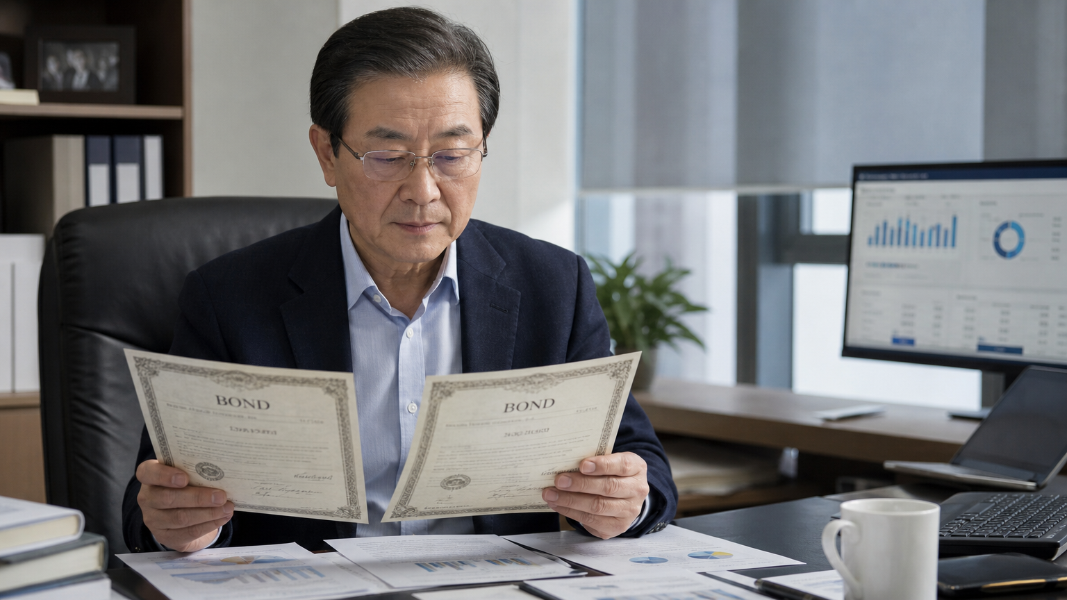 차분한 사무실에서 채권 증서와 금융 보고서를 보는 중년 투자자