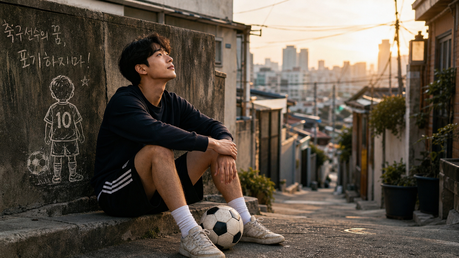 성인이 소박한 환경 속에서 축구 꿈을 되새기는 모습