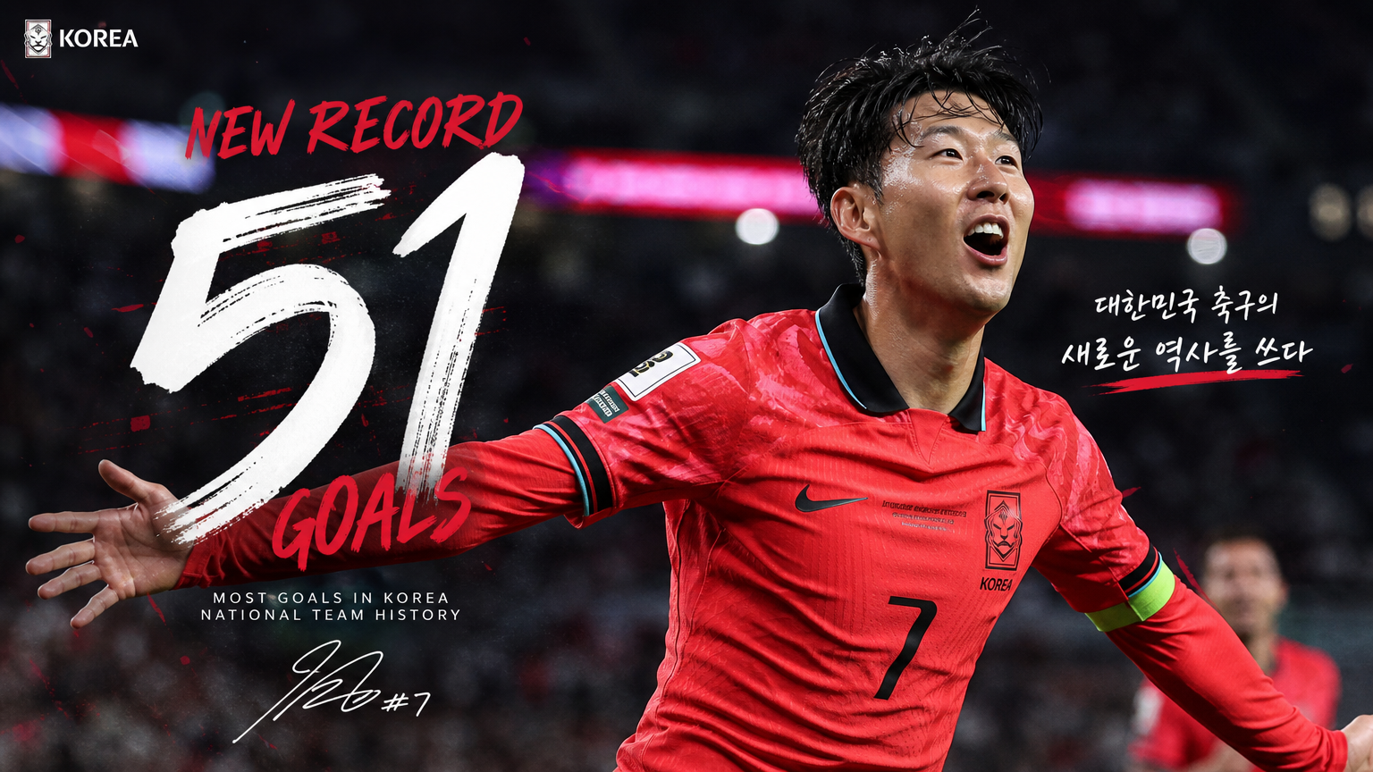 국제 경기에서 기록적인 골을 세운 후 환호하는 한국 축구 선수