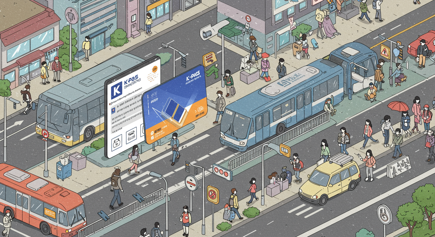 한국 도시에서 사람들이 버스와 지하철을 이용하는 모습