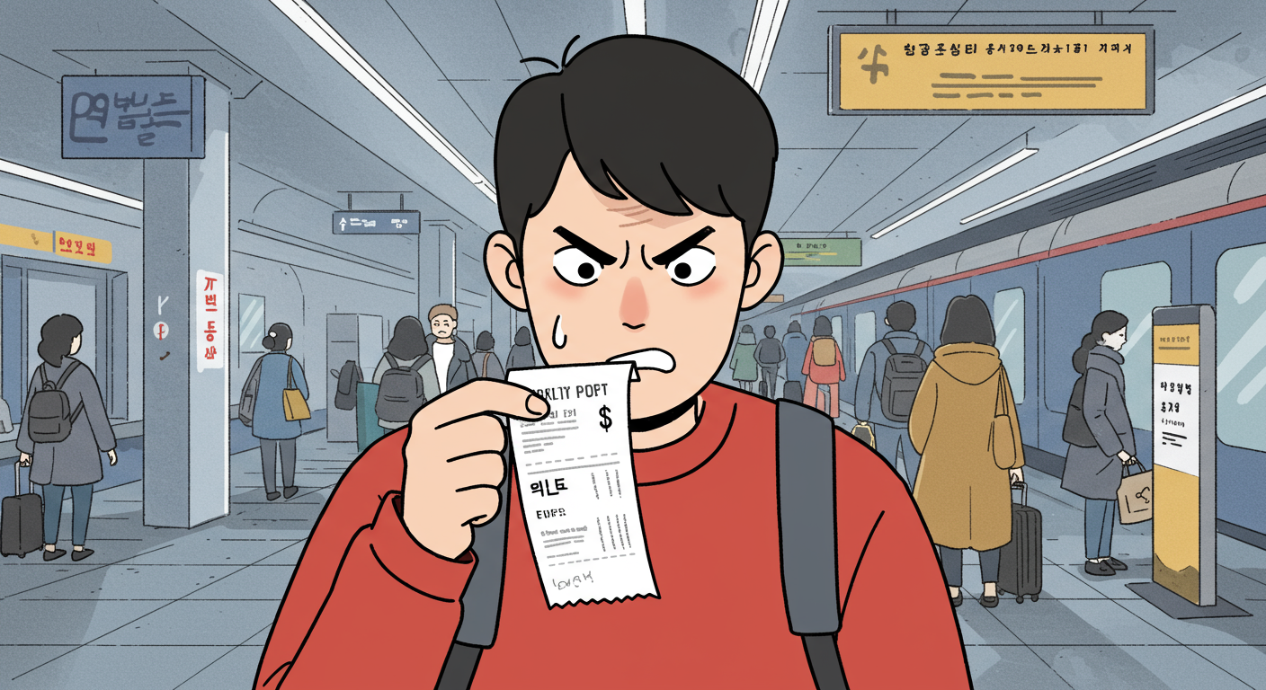 교통비 영수증을 들고 있는 좌절한 시민