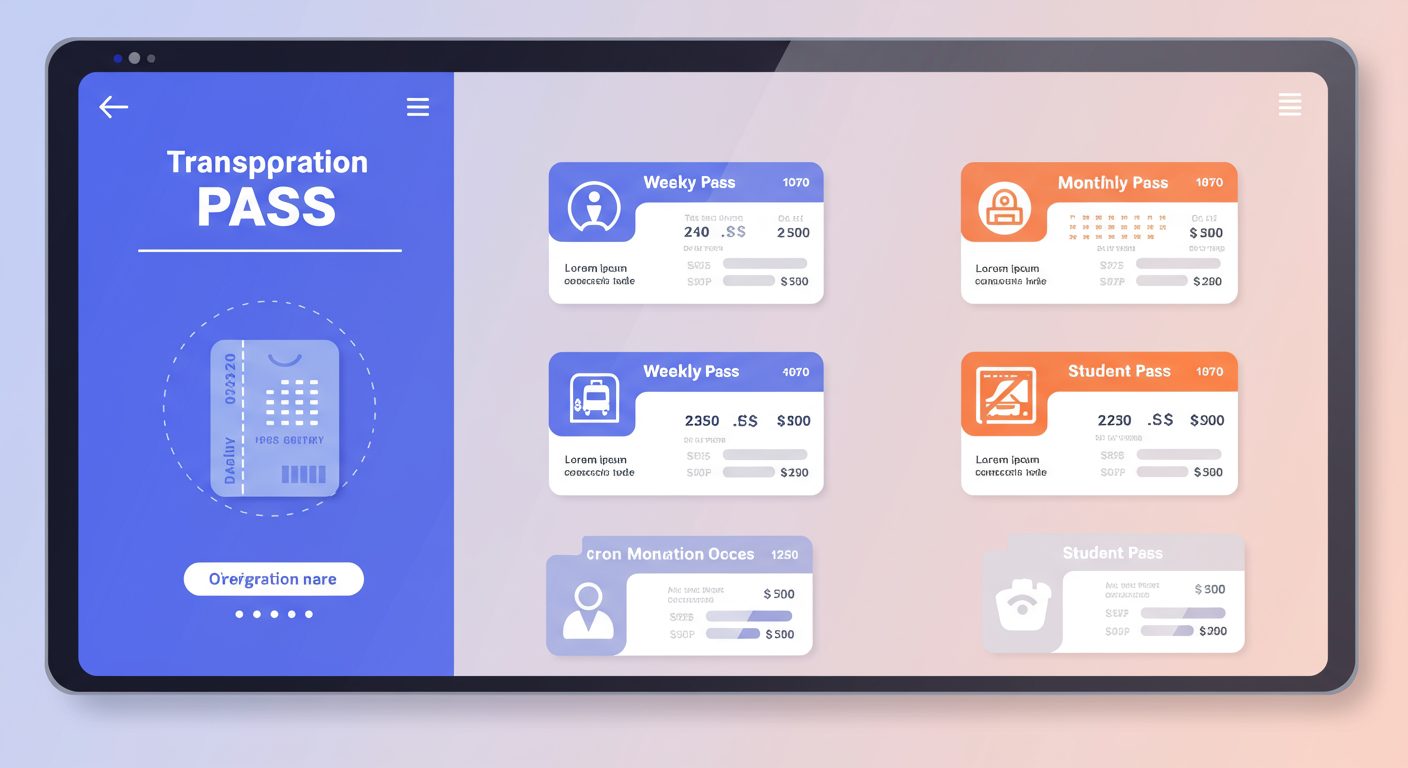 다양한 유형의 교통 패스를 보여주는 디지털 화면