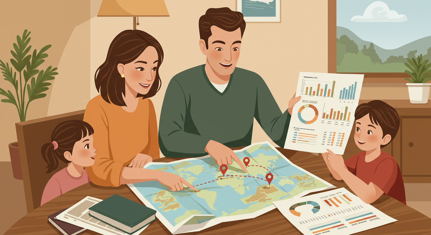 교통비 절감을 위해 여행 경로를 계획하는 가족