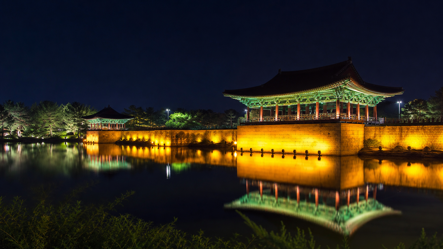 경주의 동궁과 월지 야경, 화려한 조명과 연못의 반영