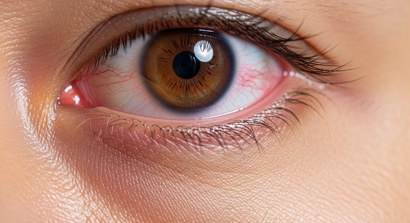 이물감과 충혈이 있는 남성의 눈 클로즈업 이미지