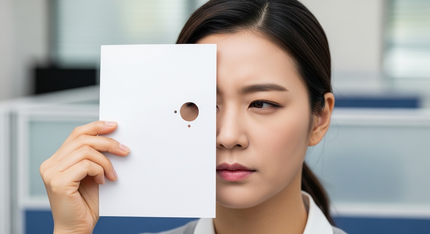 사무실에서 종이로 만든 작은 구멍을 통해 물체를 보는 여성