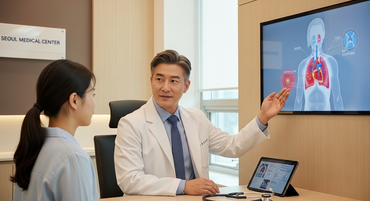 현대적인 병원에서 젊은 환자에게 가슴 통증에 대해 설명하는 한국인 의사