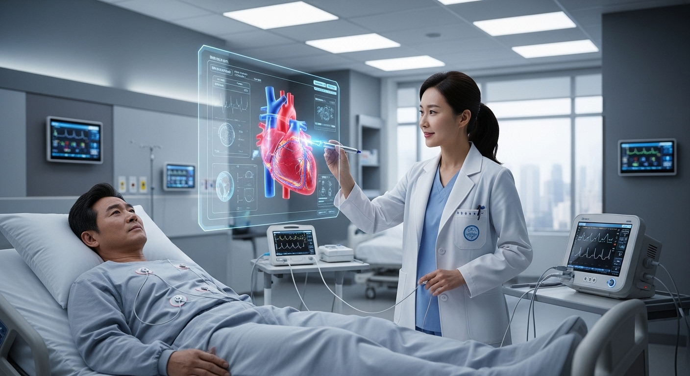 첨단 병원에서 환자의 심장을 검사하는 한국인 심장 전문의