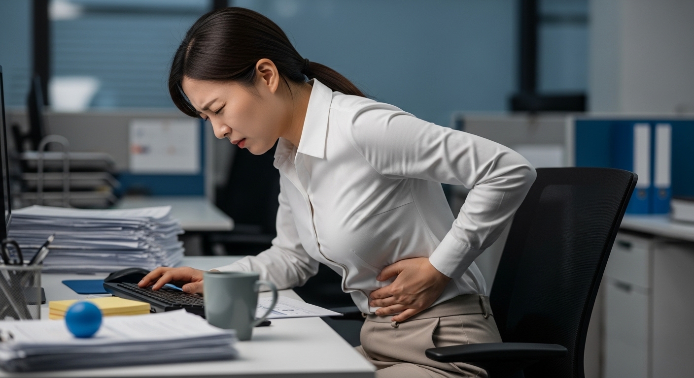 책상에서 나쁜 자세로 인해 날카로운 늑간신경통을 겪고 있는 직장인의 모습