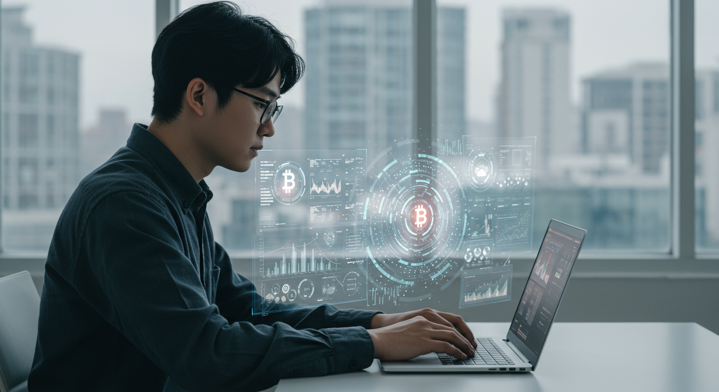 한국 개발자가 최첨단 홀로그램 블록체인 및 AI 데이터를 보며 노트북을 작업하는 모습