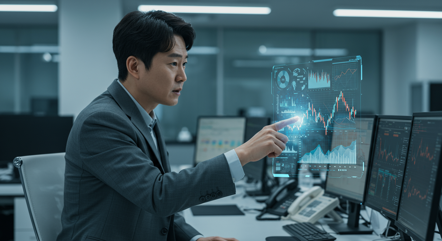 첨단 사무실에서 디지털 인터페이스를 통해 AI 기반 주식 시장 인사이트를 논의하는 한국 금융 분석가