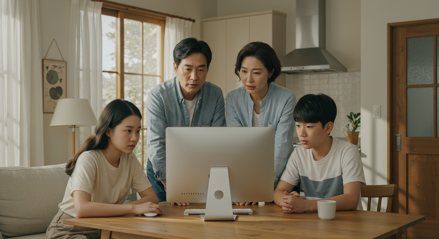 현대적인 한국 가족이 컴퓨터 앞에서 금융 지원에 대해 논의하는 모습, 따뜻한 가정 분위기