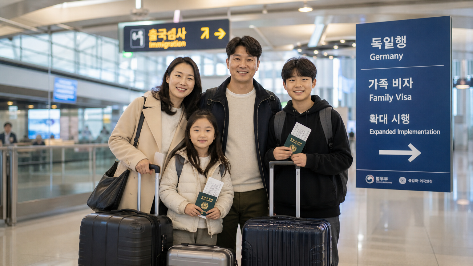공항 터미널에서 독일 이민을 준비하는 행복한 가족
