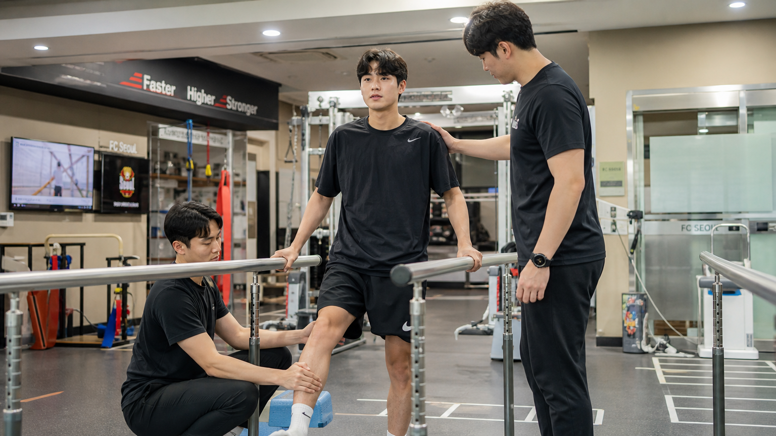 현대식 재활 센터에서 물리치료를 받고 있는 한국 운동선수의 회복 과정