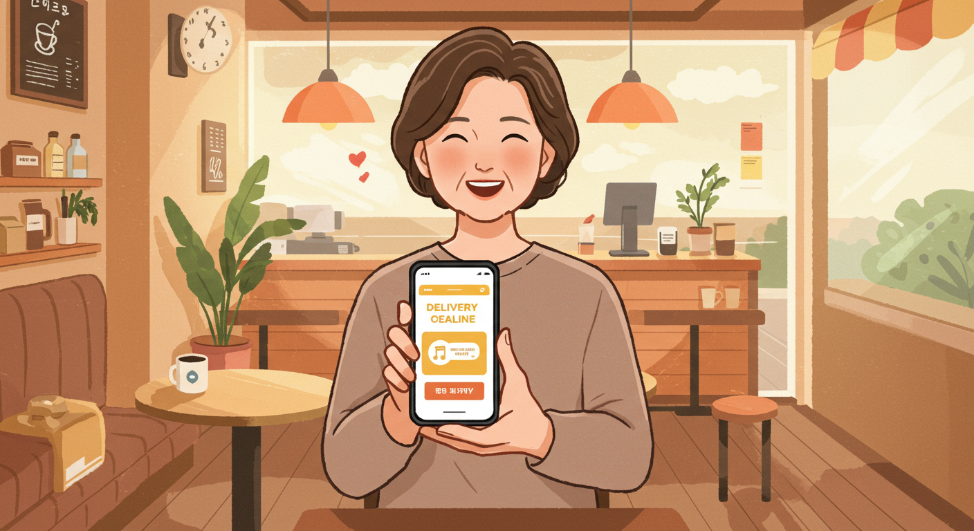 카페에서 스마트폰으로 택배 지원금 마감 알림을 확인하는 소상공인