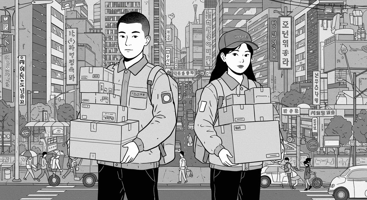 도시를 배경으로 늘어난 물류 업무로 바쁜 한국의 배달원들